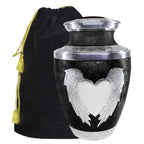 Large black hand-engraved heart & angel wing cremation container for father, aluminum urn with velvet pouch
