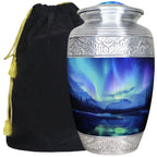 Aurora Borealis urn with Northern Lights artwork, engraved silver bands and a black velvet storage bag