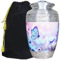 Silver aluminum cremation urns for human ashes, engraved blue floral butterfly adult urn with velvet storage pouch