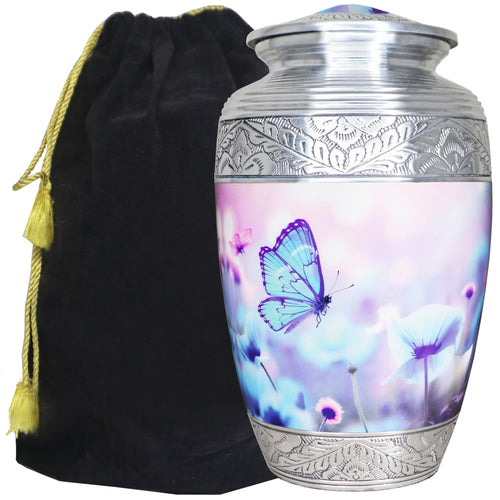 Silver aluminum cremation urns for human ashes, engraved blue floral butterfly adult urn with velvet storage pouch