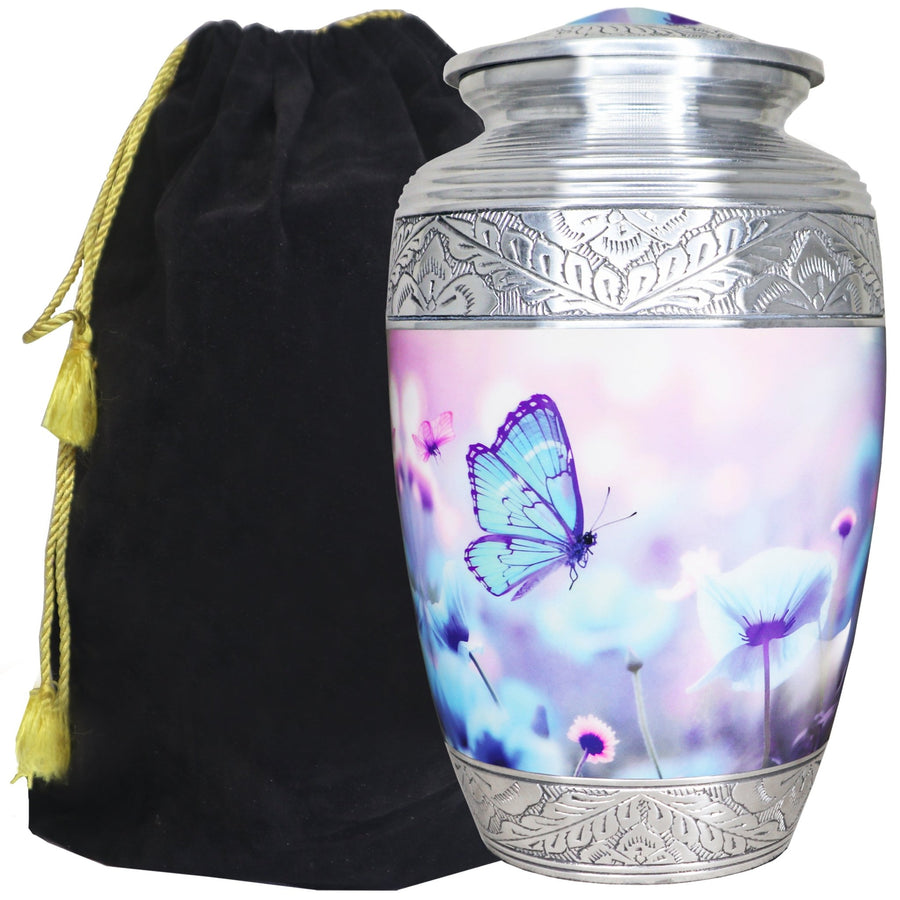 Blue butterfly urns for ashes for adults with engraved silver bands and a black velvet storage bag