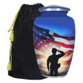 Full size military urn for adult ashes with velvet bag, patriotic soldier flag design blue aluminum urn with threaded lid