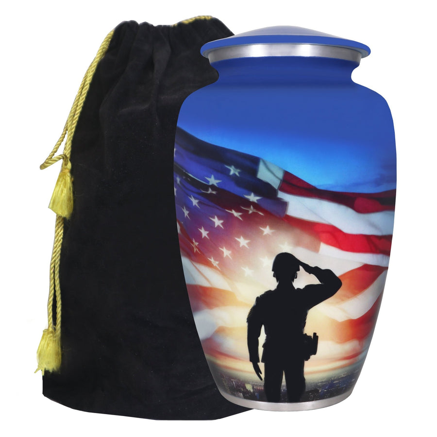 Veteran urn with American flag and saluting soldier artwork, blue aluminum adult urn with black velvet storage bag