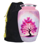 Urns for human ashes with pink Tree of Life artwork, aluminum memorial for father, storage pouch included