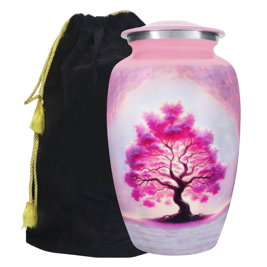 Pink urn for ashes with Tree of Life artwork, large adult aluminum cremation urn with threaded lid and velvet storage bag
