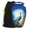 Blue peacock urn for ashes with colorful floral artwork, large adult aluminum cremation urn and black velvet storage bag