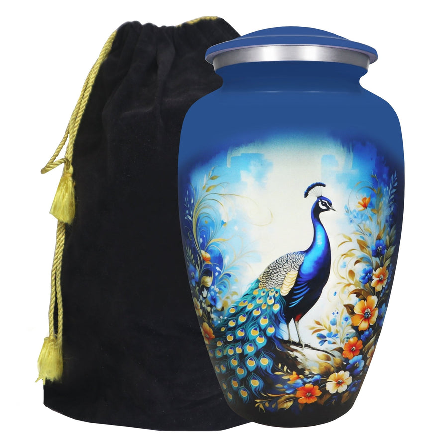 Blue peacock urn for ashes with colorful floral artwork, large adult aluminum cremation urn and black velvet storage bag