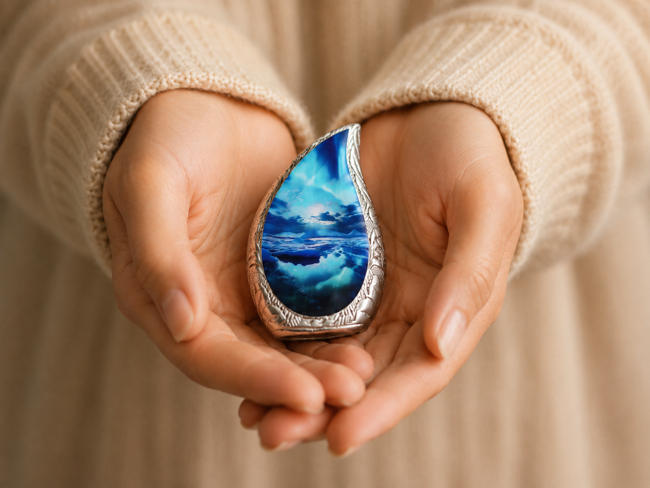Small blue teardrop keepsake urn held gently in caring hands