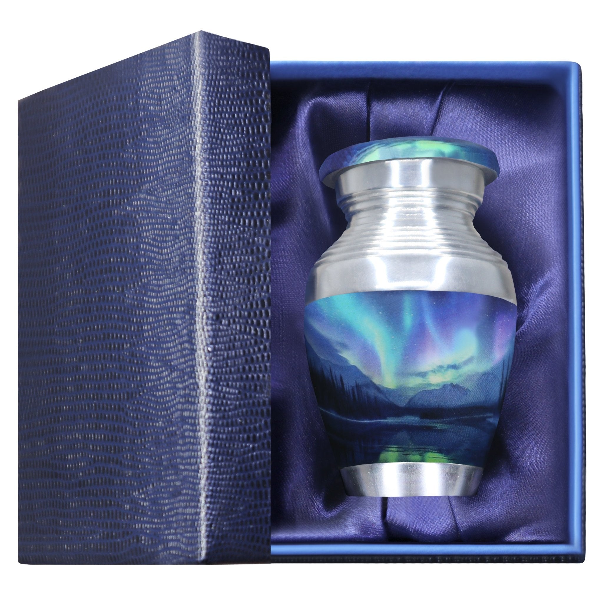 Ashes keepsake urn featuring turquoise aurora borealis pattern, presented in deluxe blue gift box with soft lining