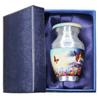 Ashes keepsake urn with sky floral butterflies print, tiny memorial urn placed in deluxe blue gift box with soft lining