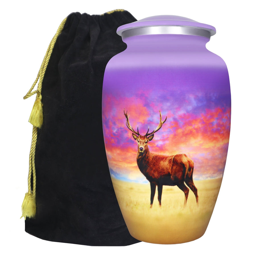 Deer urn for ashes with purple sunset wildlife artwork, large adult aluminum cremation urn and black velvet storage bag