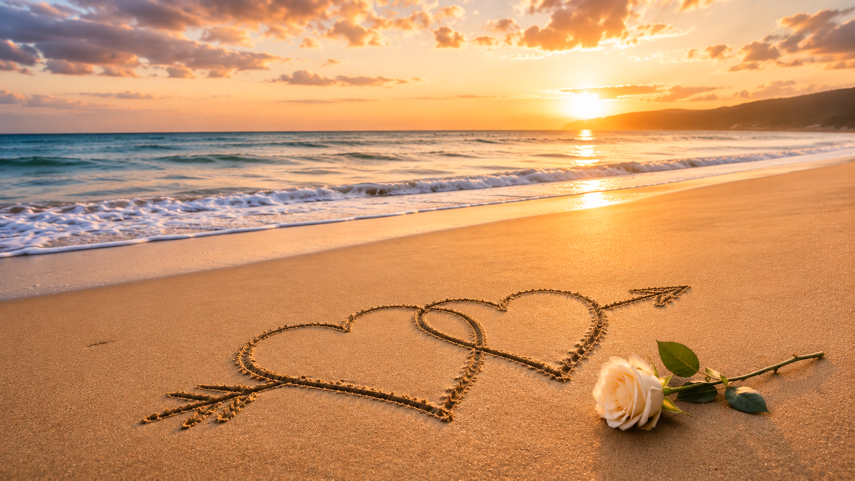 Sunset beach remembrance scene with hearts, arrow and white rose