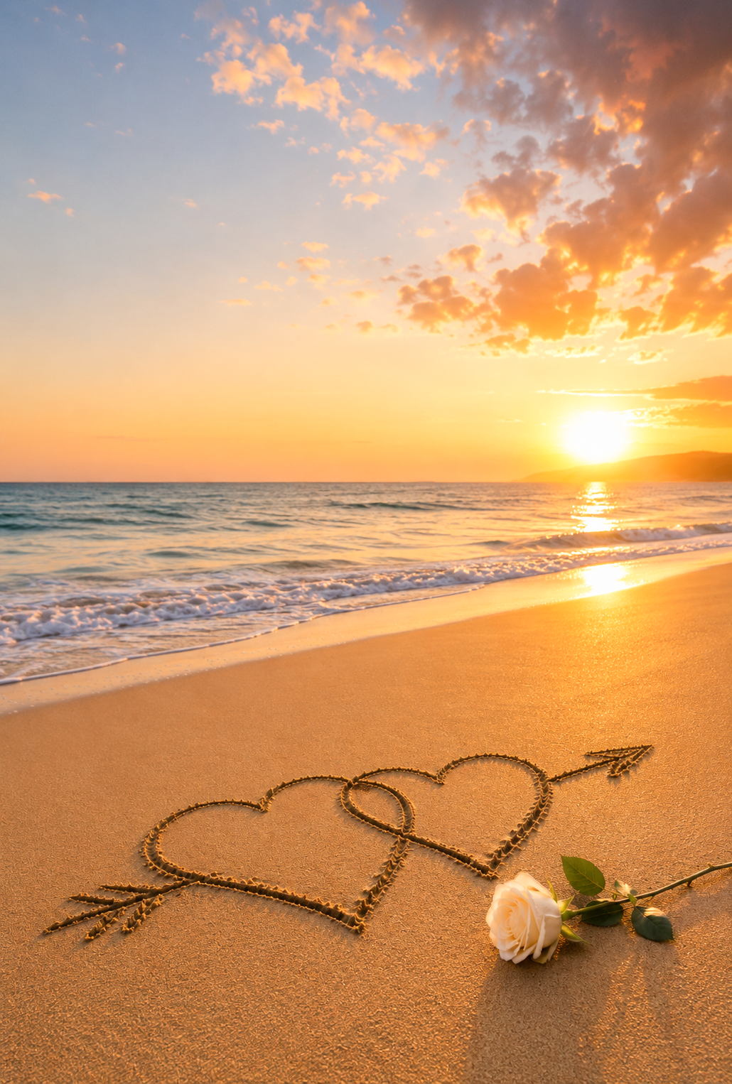 Sunset beach with two hearts, an arrow and white rose symbolizing love and remembrance
