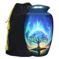 Urns for human ashes with Tree of Life and cosmic galaxy artwork, aluminum memorial for father with storage pouch