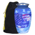 Blue urns for human ashes with American flag sky artwork, aluminum adult memorial urn and black velvet storage bag