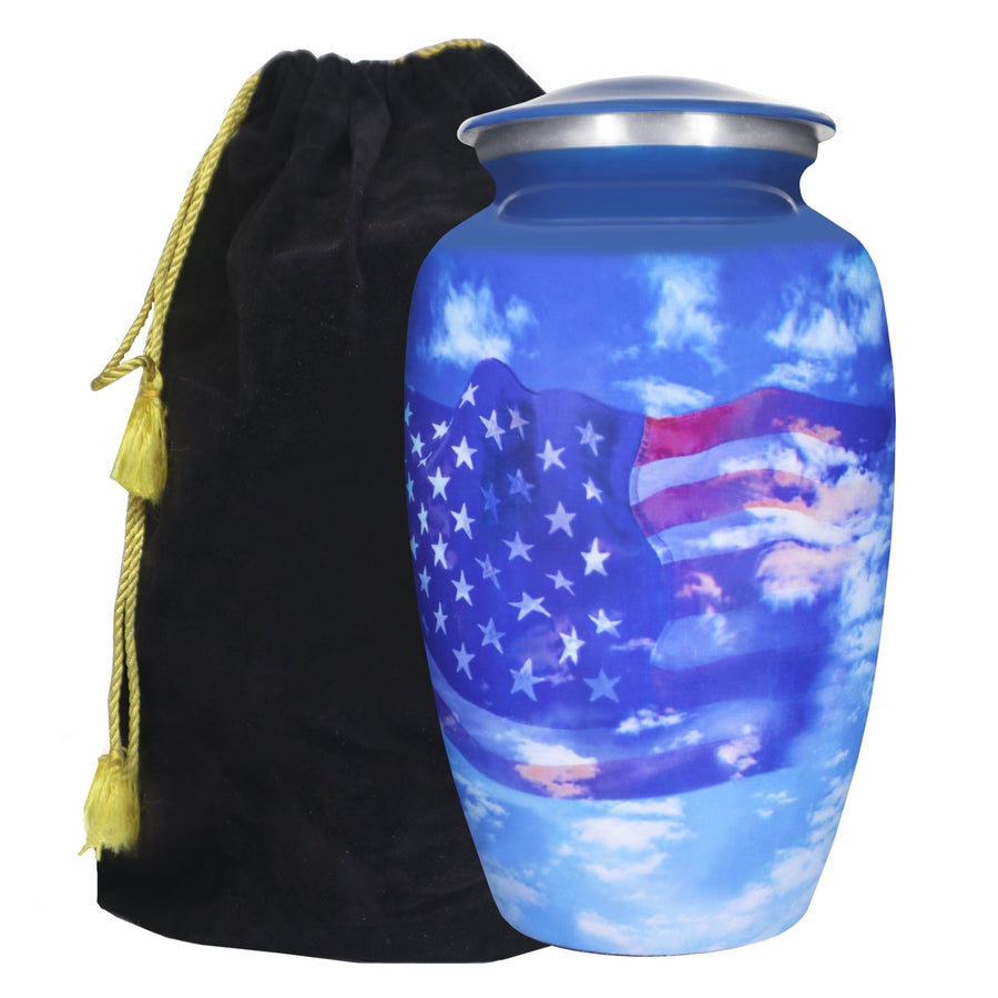 Patriotic urns for ashes with blue American flag artwork, large adult aluminum memorial urn and black velvet storage bag