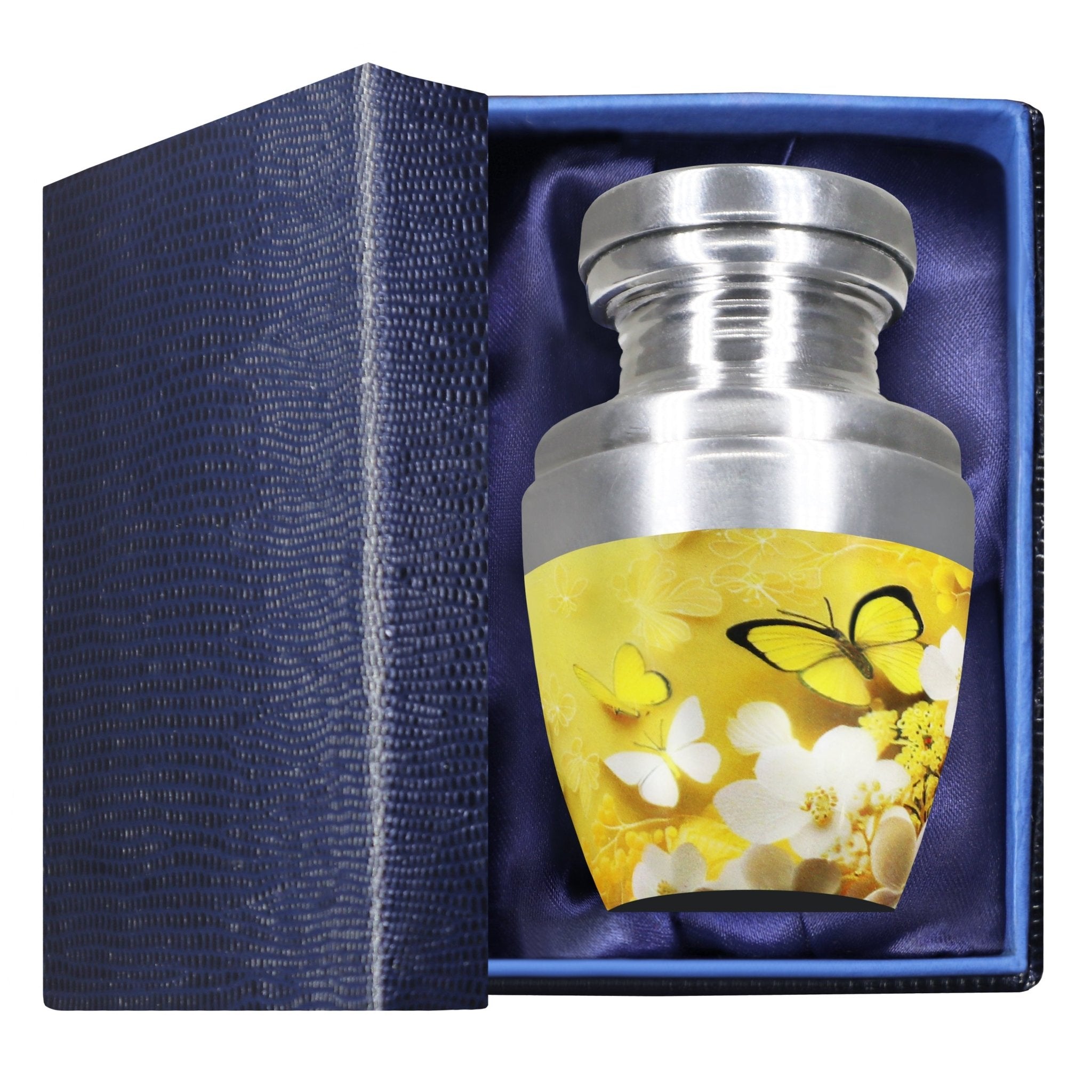Keepsake urns with yellow butterflies in a memorial gift box for mom, secure threaded lid for ashes keepsake