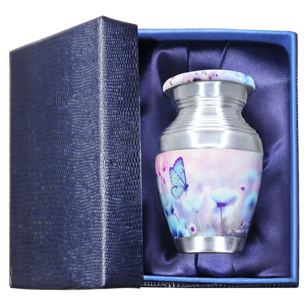 Ashes keepsake urn with blue butterflies design, mini memorial cremation urn in deluxe blue gift box with soft lining