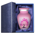 Pink Tree of Life keepsake urns presented in a memorial gift box, created as an ashes keepsake for a loving mom