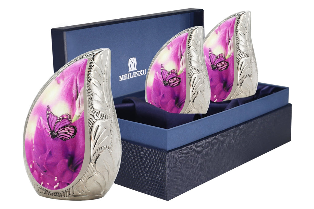 M MEILINXU Butterfly & Flower Urn, Cremation Urns for Human Ashes - Display at Home or Niche, Engraved Aluminum Tear Drop Urn for Ashes Adult Female & Male