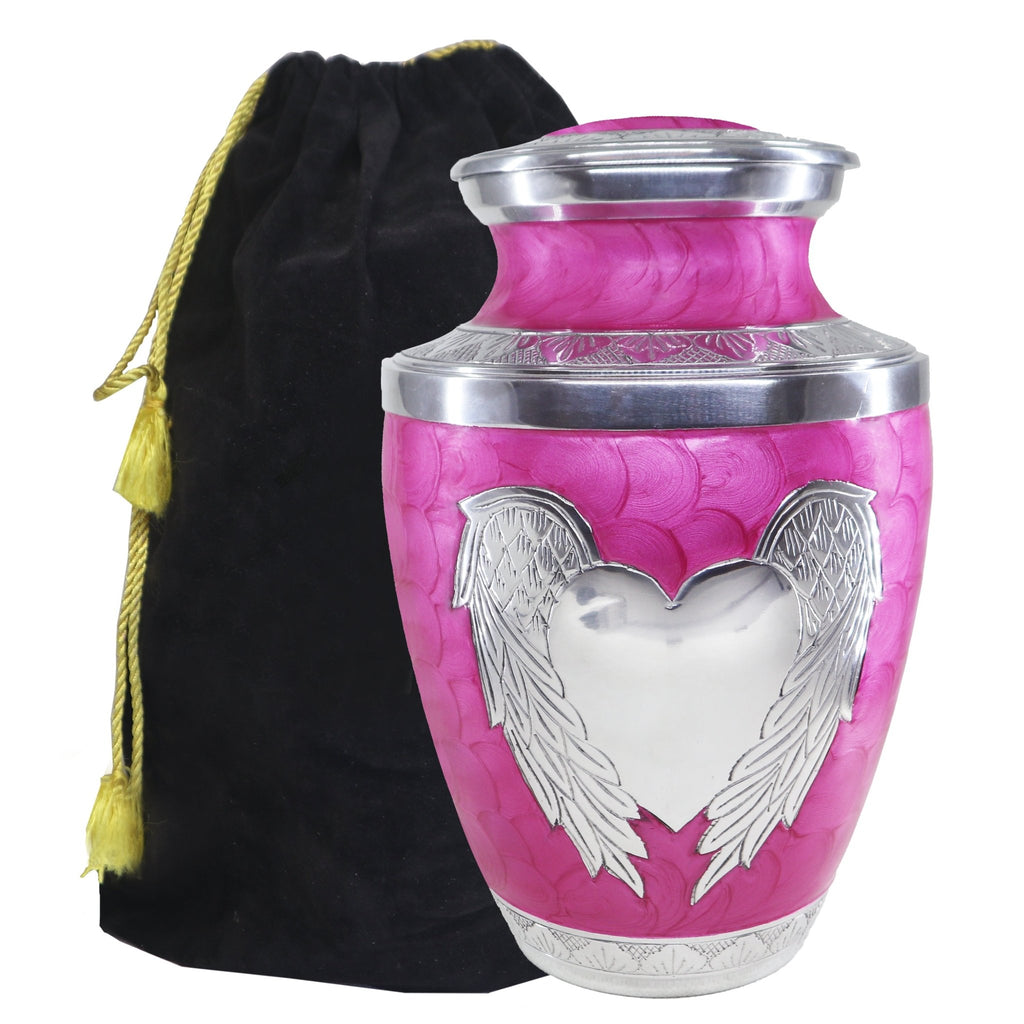 Soft pink large hand-engraved angel wing & heart cremation container for wife, aluminum urn with velvet sack