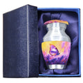 Keepsake urn for ashes with butterfly and lavender design in a blue gift box with soft satin lining