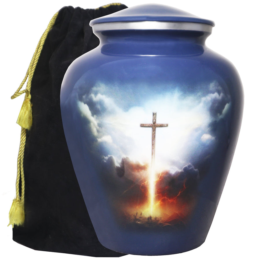 Funeral urn in grey blue with glowing Cross of Life artwork, adult aluminum memorial urn and black velvet storage bag