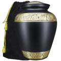 Black and gold urn for ashes with engraved bands, full-size aluminum memorial urn and black storage bag