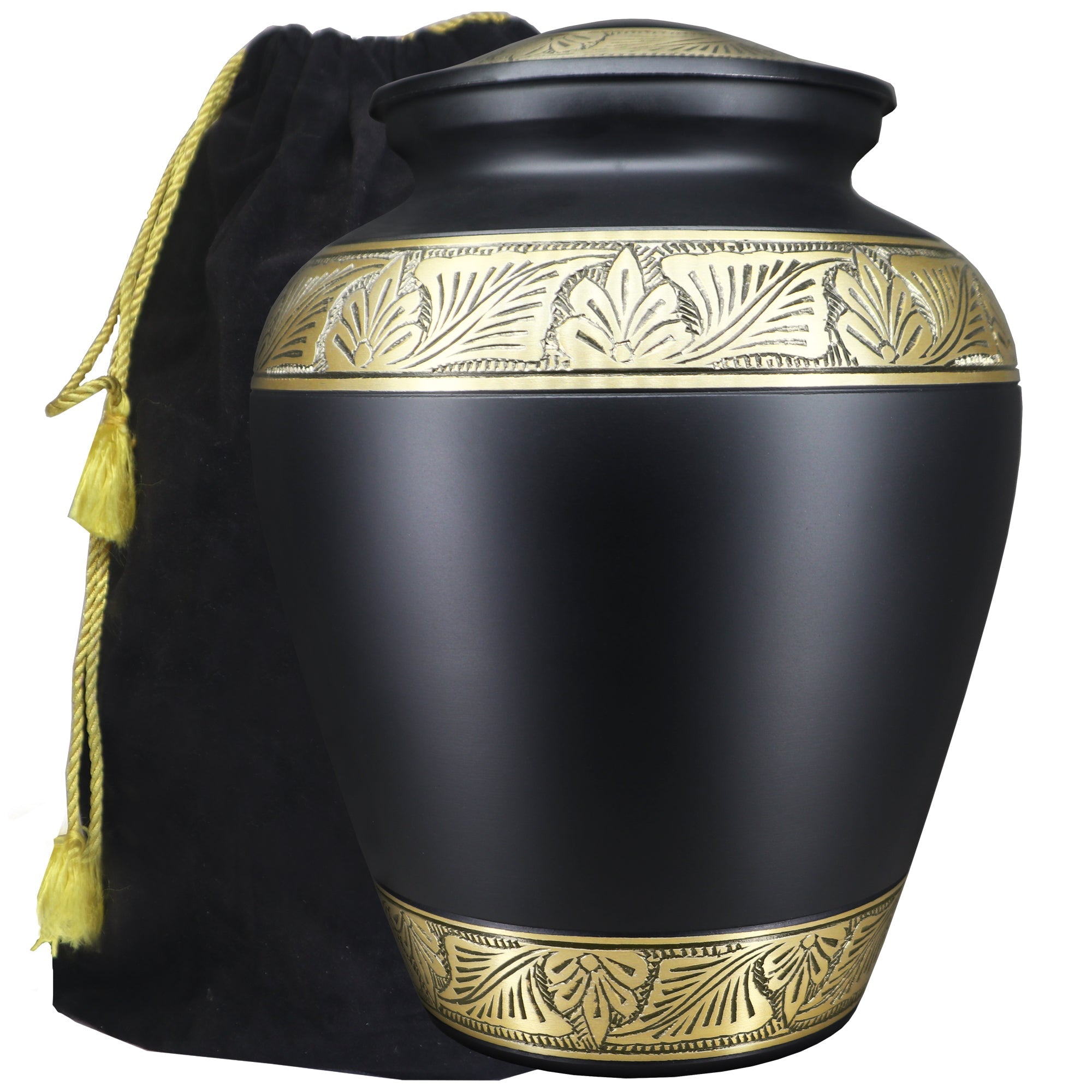 Matte black engraved gold band aluminum cremation urns for human ashes, keepsake pouch to honor your beloved mother