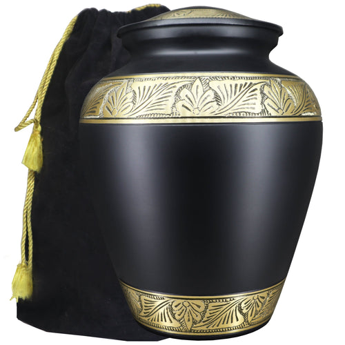 Black and gold urn for ashes with engraved bands, full-size aluminum memorial urn and black storage bag