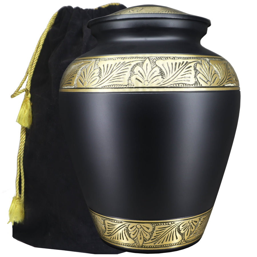Black and gold urn for ashes with engraved bands, full-size aluminum memorial urn and black storage bag