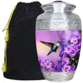 Purple hummingbird urn with engraved silver trim, aluminum adult vessel to honor your cherished mom’s cremated ashes