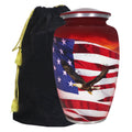 Eagle urn for ashes with American flag and bald eagle artwork, red aluminum adult urn with velvet storage bag