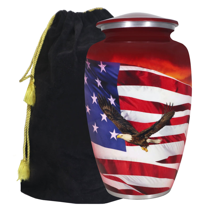 Eagle urn for ashes with American flag and bald eagle artwork, red aluminum adult urn with velvet storage bag