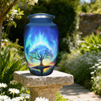 Burial urns with celestial Tree of Life displayed outdoors, peaceful tribute honoring a beloved husband