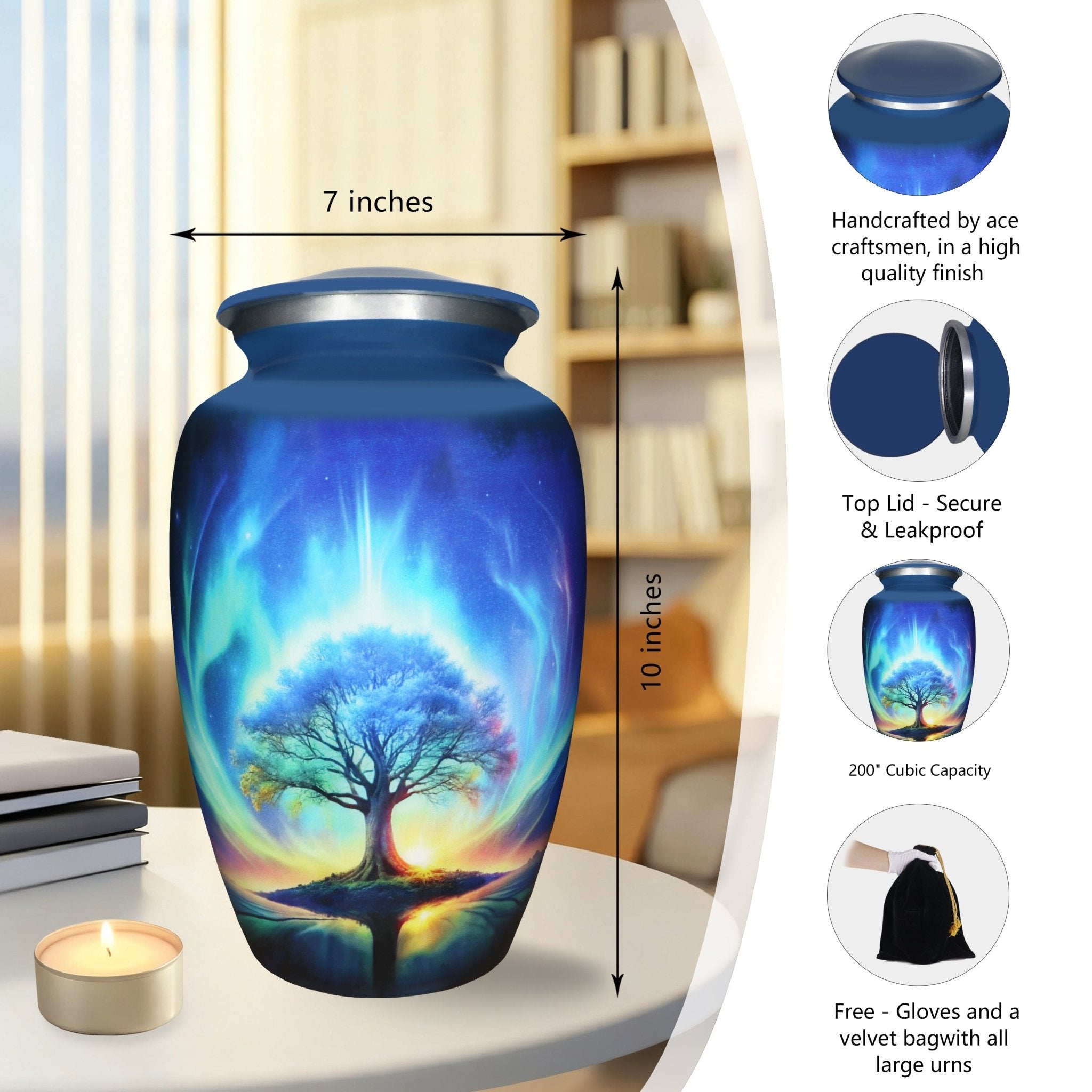 Cremation urns featuring a blue galaxy Tree of Life, threaded lid and elegant handcrafted finish