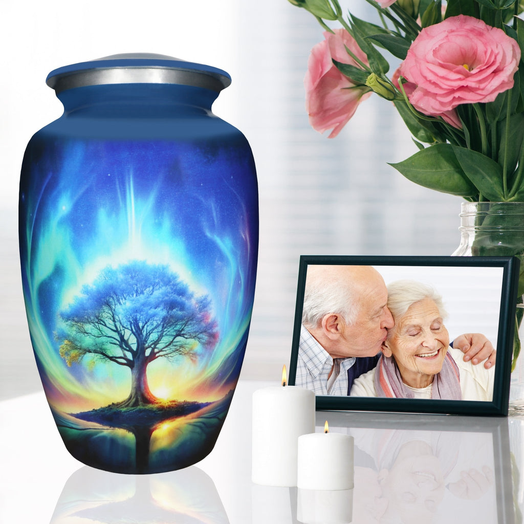 Urns for cremated remains beside family photo and flowers, meaningful remembrance for mother