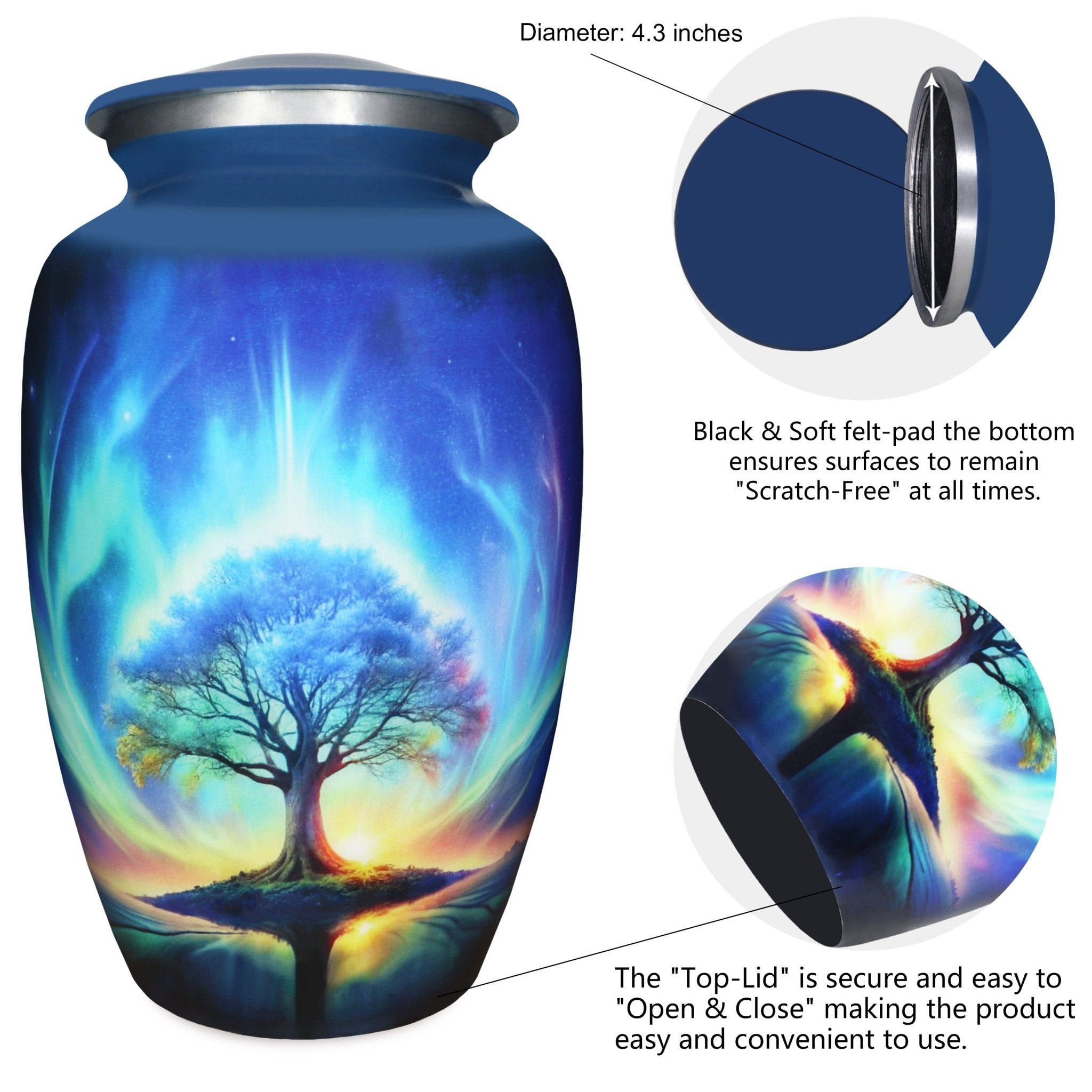 Cremation urns for human ashes with secure screw top, cosmic design and lasting aluminum craftsmanship