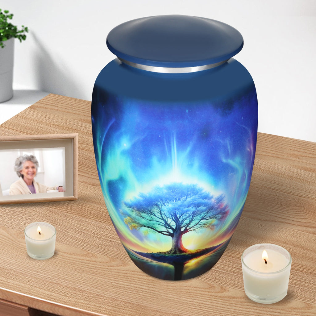 Funeral urn with blue Tree of Life artwork, elegant keepsake preserving memories of a cherished wife
