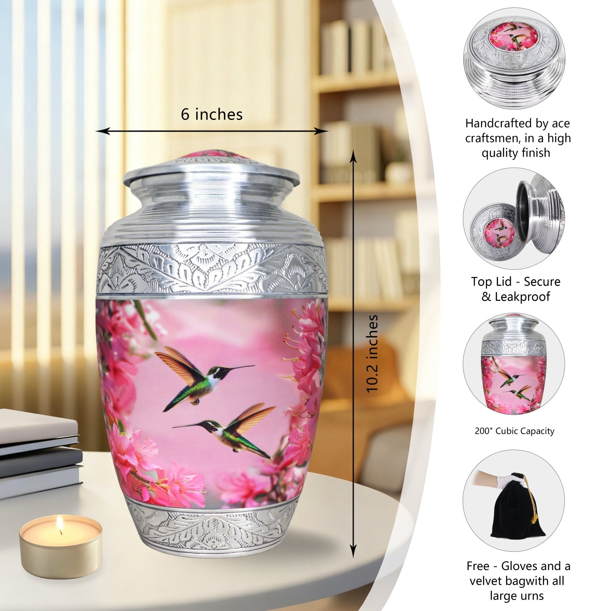 Full-size urn for human ashes with pink hummingbird floral design, 200 cu in capacity, threaded top lid and size guide