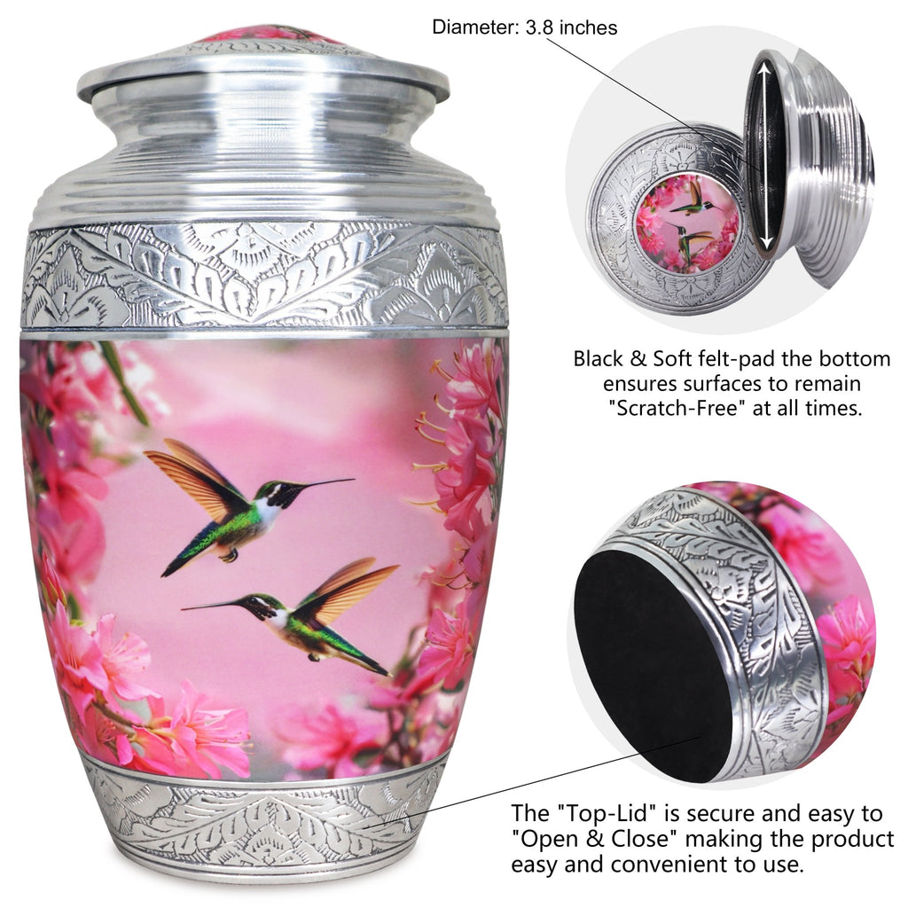 Aluminum urn for cremated remains with pink hummingbird artwork and secure threaded top lid shown in close-up