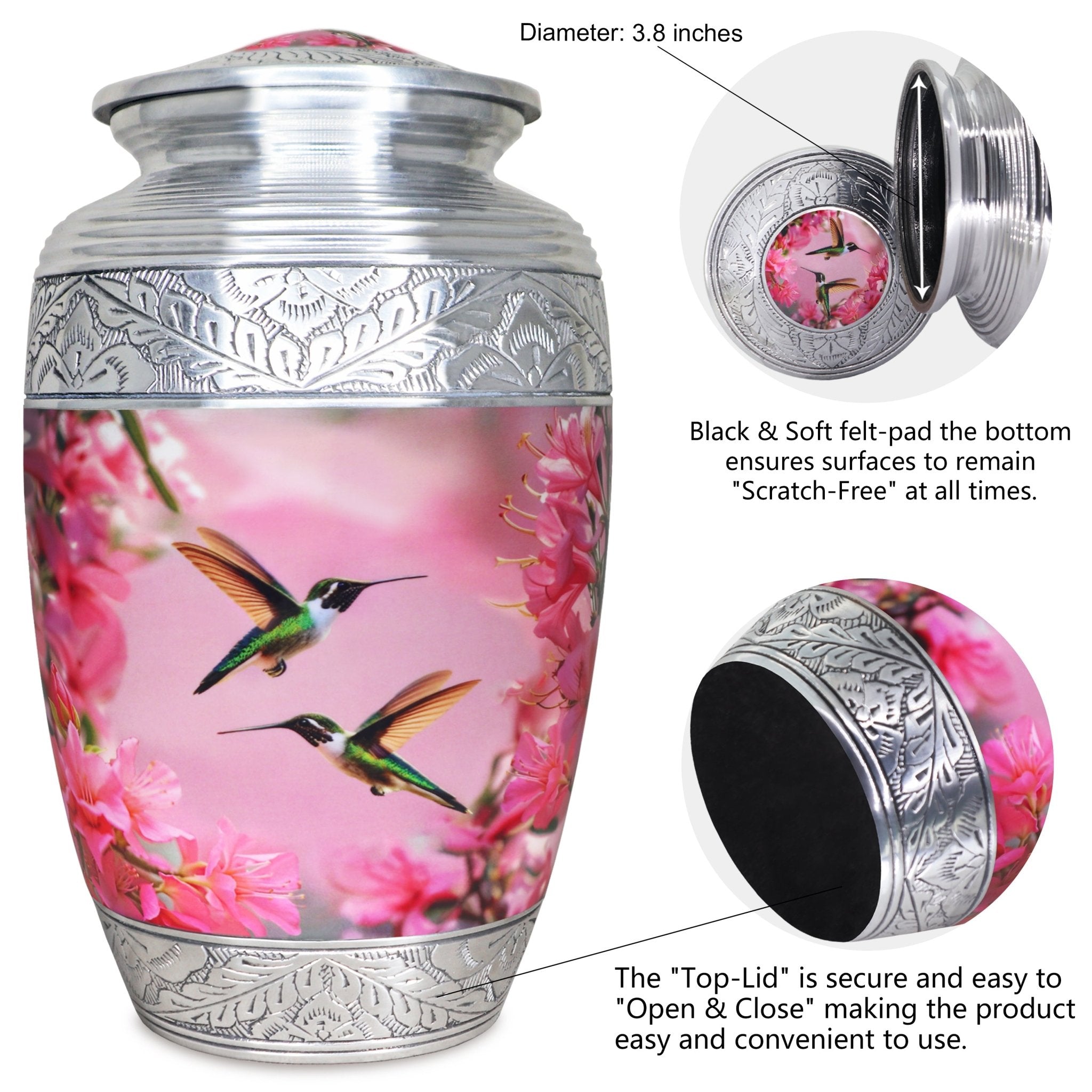 Aluminum urn for cremated remains with pink hummingbird artwork and secure threaded top lid shown in close-up