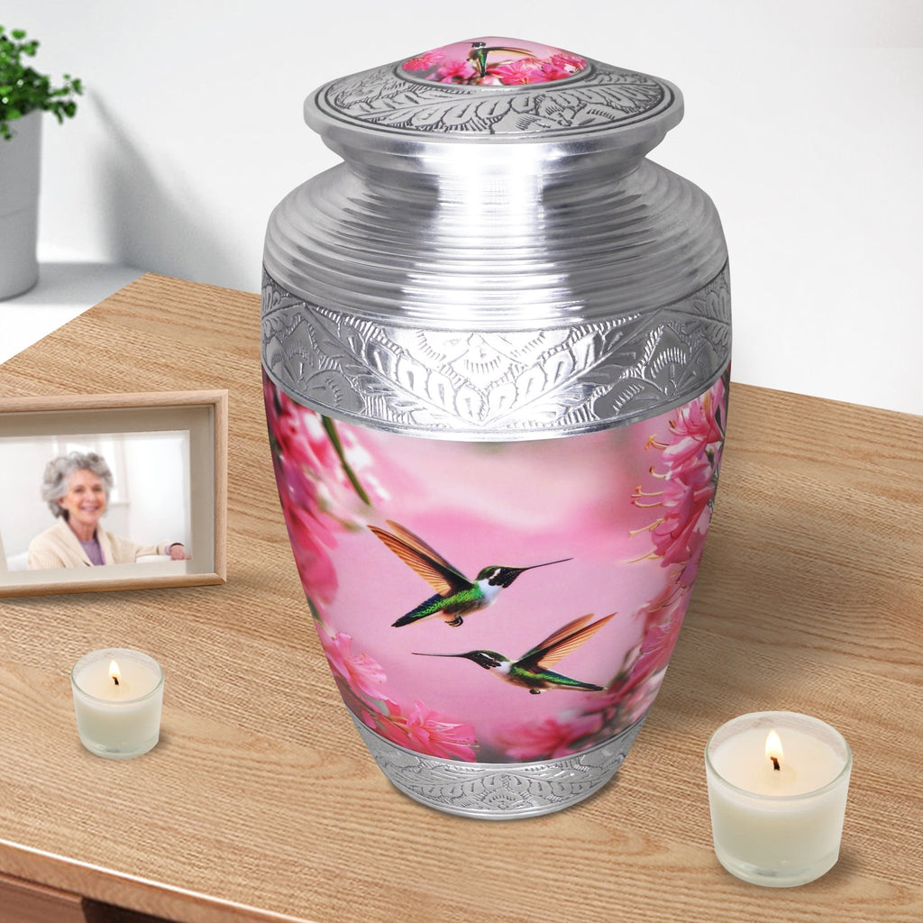 Floral hummingbird cremation urn displayed with candles and a family photo for an elegant home memorial