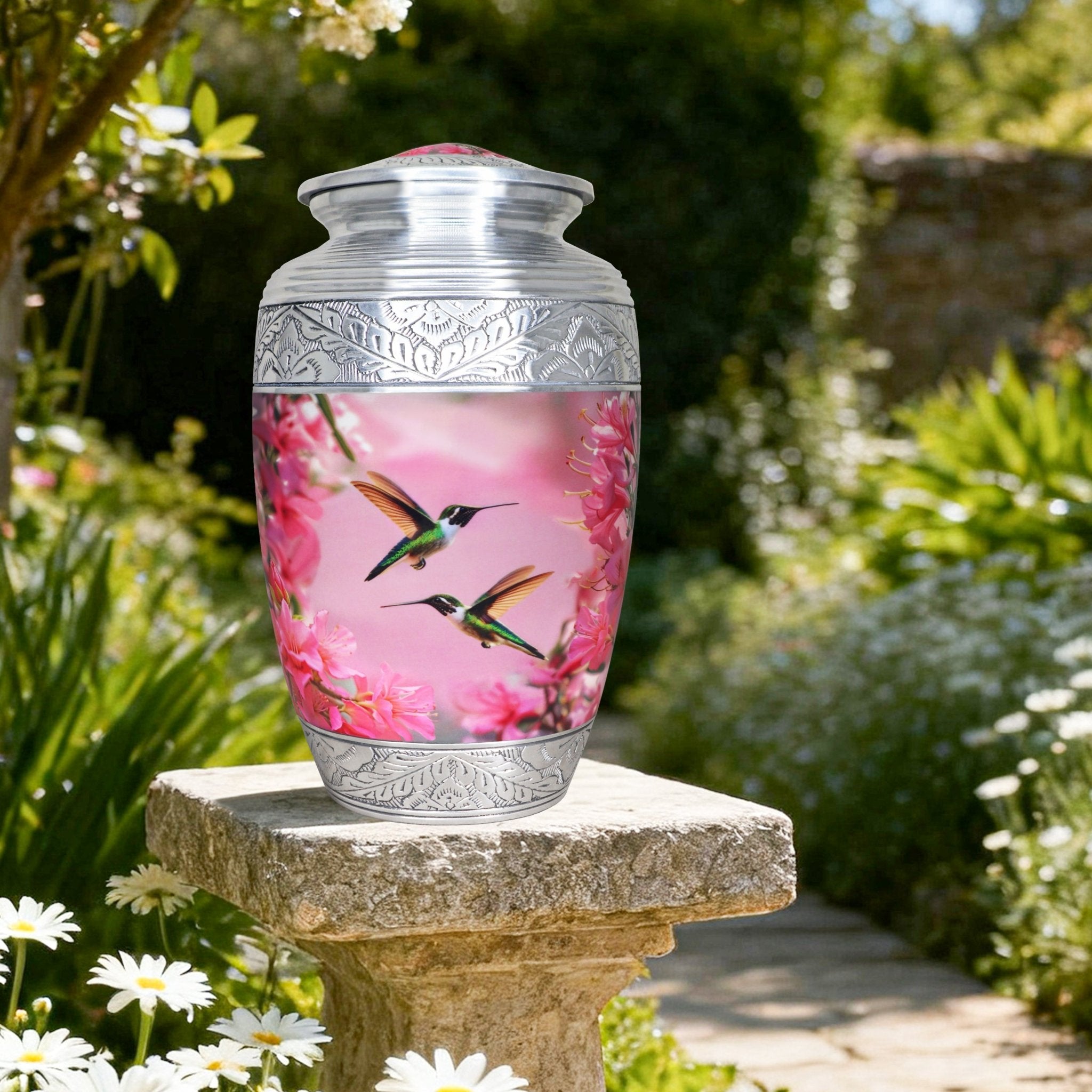 Decorative pink hummingbird adult urn displayed outdoors on a garden stone among green foliage for remembrance
