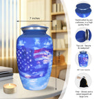 Full size military urns for ashes for adults, blue sky flag aluminum veteran urn with threaded top & accessory set