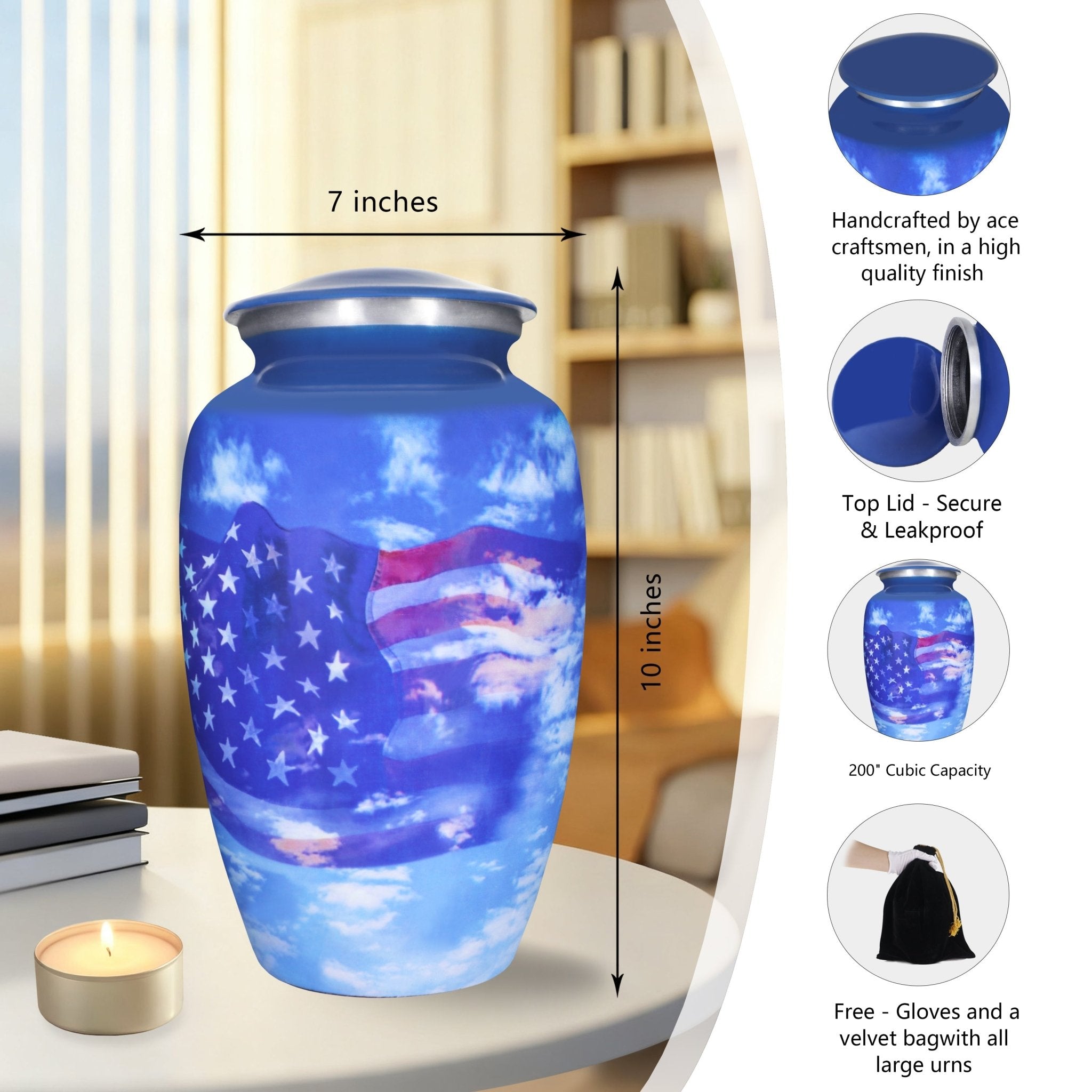 Full size military urns for ashes for adults, blue sky flag aluminum veteran urn with threaded top & accessory set