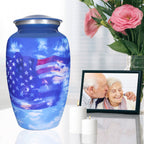 Modern funeral urn for mom and dad, blue sky serviceman flag aluminum adult urn with secure threaded closure