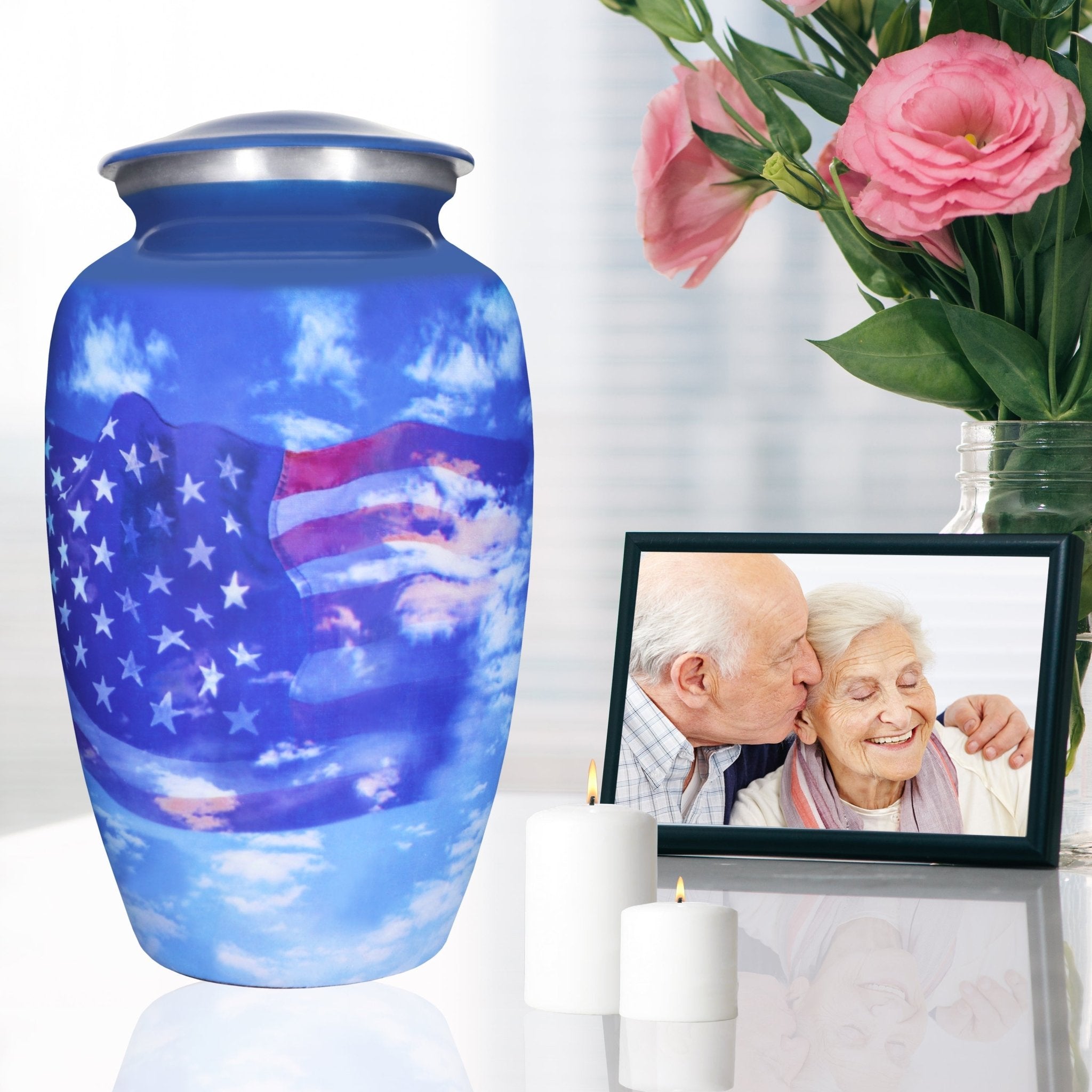 Modern funeral urn for mom and dad, blue sky serviceman flag aluminum adult urn with secure threaded closure