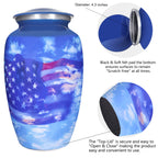Blue sky flag cremation container for ashes, patriotic soldier aluminum adult urn with airtight threaded lid detail
