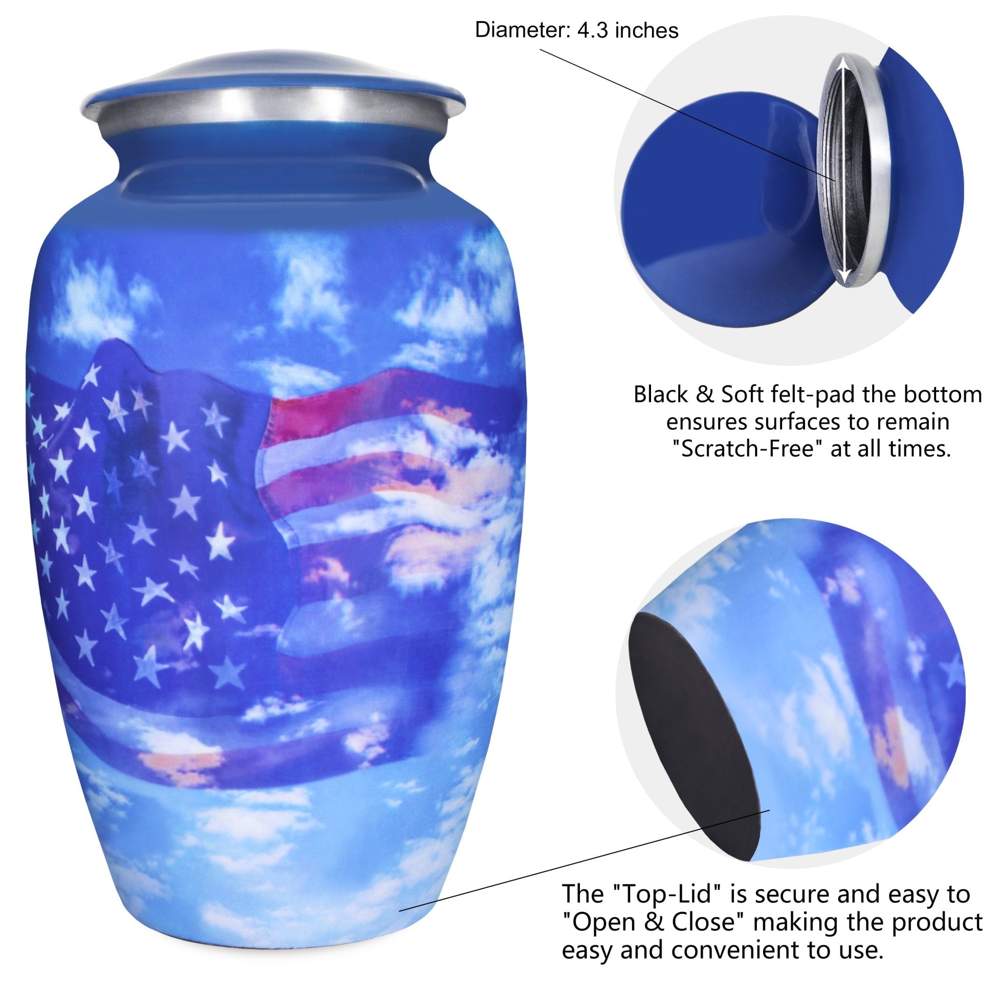 Blue sky flag cremation container for ashes, patriotic soldier aluminum adult urn with airtight threaded lid detail